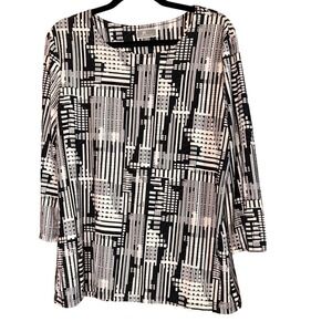 JM Collection Womens Black White Geometric Quilted 3/4 Sleeve Tunic Top Large